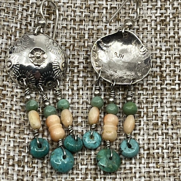 90's Handmade Sterling Silver Shell & Floral Dangle Earrings with Turquoise - Picture 13 of 15